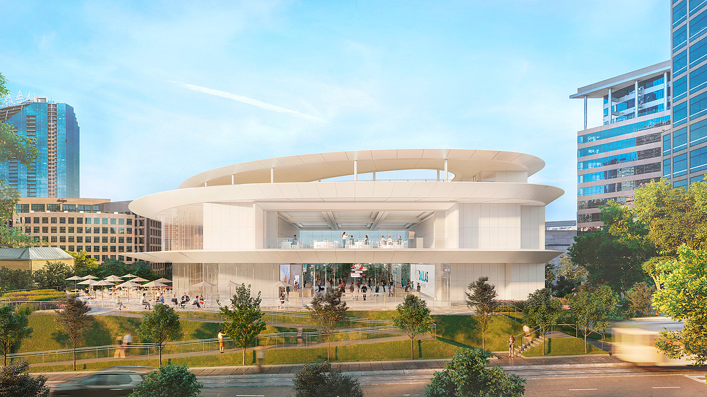 Rendering of the new two-level pavilion at Klyde Warren Park, with the Dallas skyline behind it.